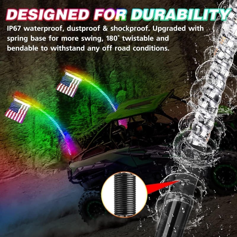 AKD Part LED Whip Lights, AKD Part 2PCS 4FT Lighted Whips RF Remote Control RGB LED Whip Antenna Chase Lights Warning Light for UTV ATV SXS Side by Side RZR Can-Am Kawasaki Honda Trucks Boat - Image 4